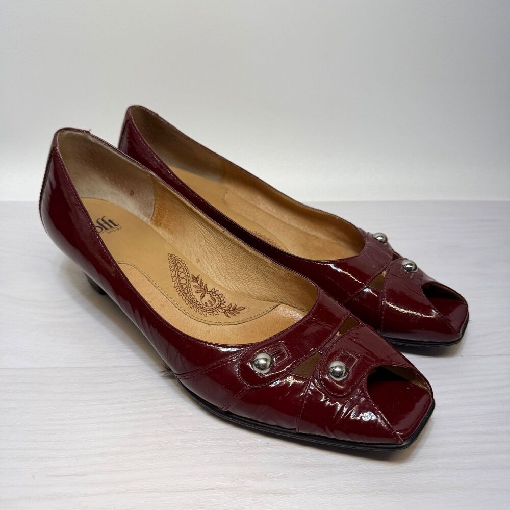 Sofft Simone Burgundy Patent Leather Peep Toe Pumps Kitten Heel Comfort Size 11M